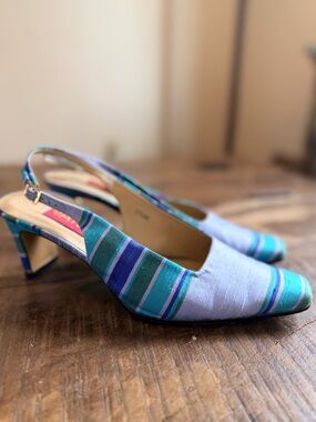 Vaneli Striped Slingback Heels in Blue and Teal